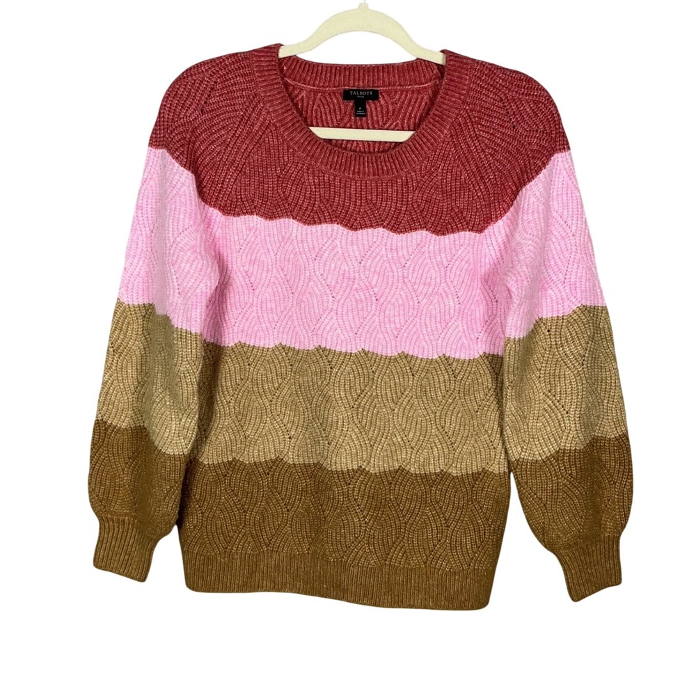 Talbots Petite Striped Cable Knit Wool Blend Crew Neck Sweater Red Pink Brown P